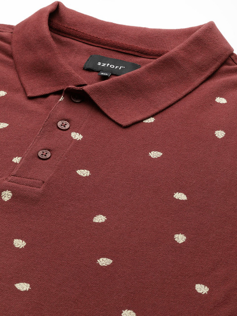 Sztori Plus Size Men Maroon Floral Printed Pure Cotton Polo Collar T-shirt - Image 2