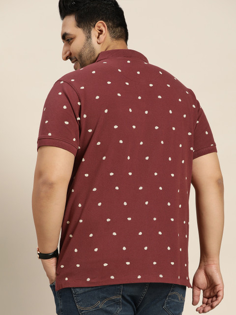 Sztori Plus Size Men Maroon Floral Printed Pure Cotton Polo Collar T-shirt - Image 4