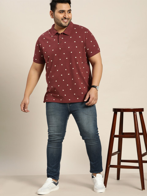 Sztori Plus Size Men Maroon Floral Printed Pure Cotton Polo Collar T-shirt - Image 5