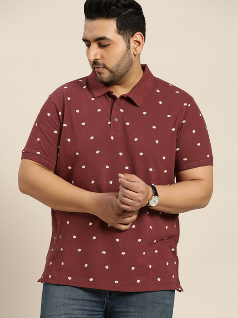 Sztori Plus Size Men Maroon Floral Printed Pure Cotton Polo Collar T-shirt - Image 3