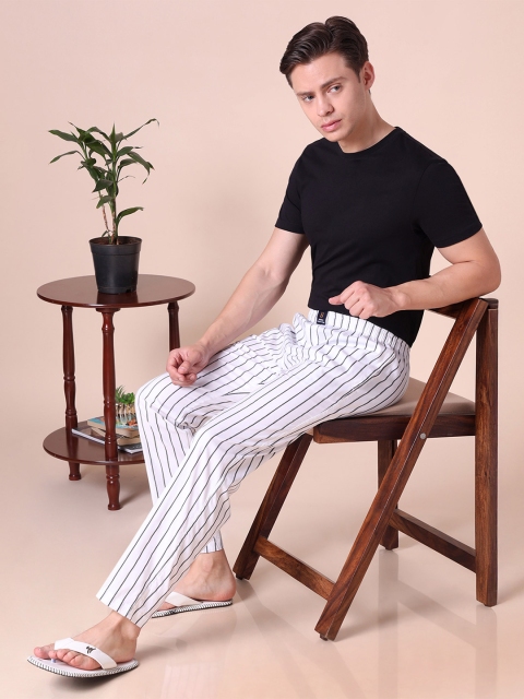 URBAN SCOTTISH Men White & Black Striped Pure Cotton Lounge Pants