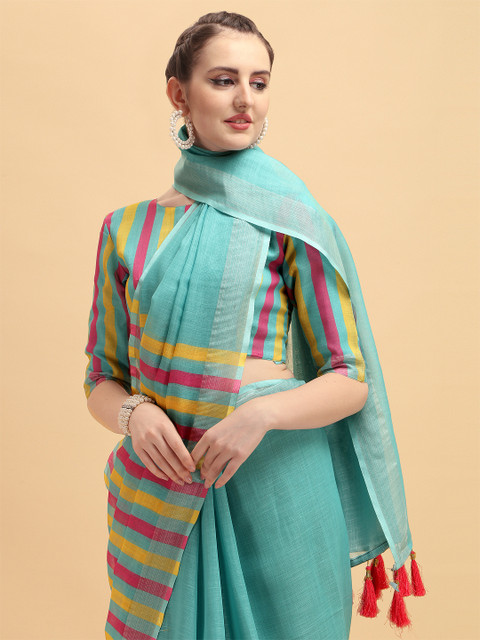 Sangria Turquoise Blue & Yellow Striped Pure Linen Saree