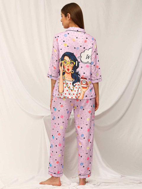 Bannos Swagger Women Purple & Black Printed Night suit