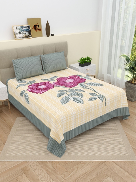 DREAM WEAVERZ Yellow & Grey Pure Cotton 220 TC Super King Bedsheet with 2 Pillow Covers - Image 3