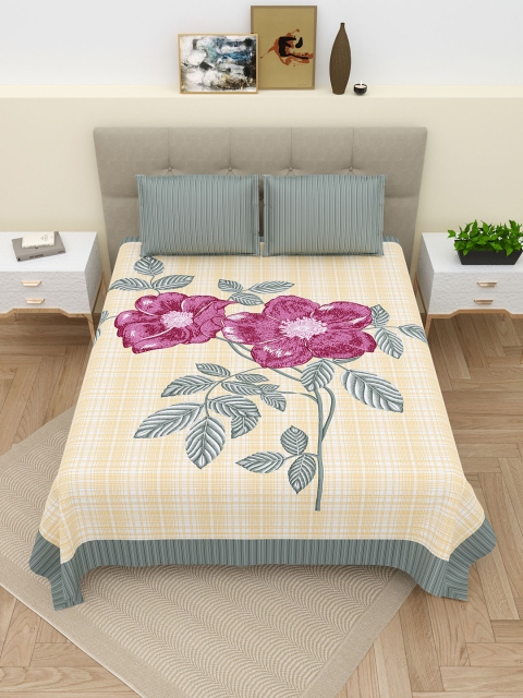 DREAM WEAVERZ Yellow & Grey Pure Cotton 220 TC Super King Bedsheet with 2 Pillow Covers - Image 2