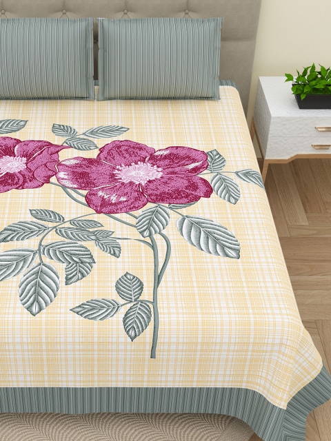 DREAM WEAVERZ Yellow & Grey Pure Cotton 220 TC Super King Bedsheet with 2 Pillow Covers - Image 4
