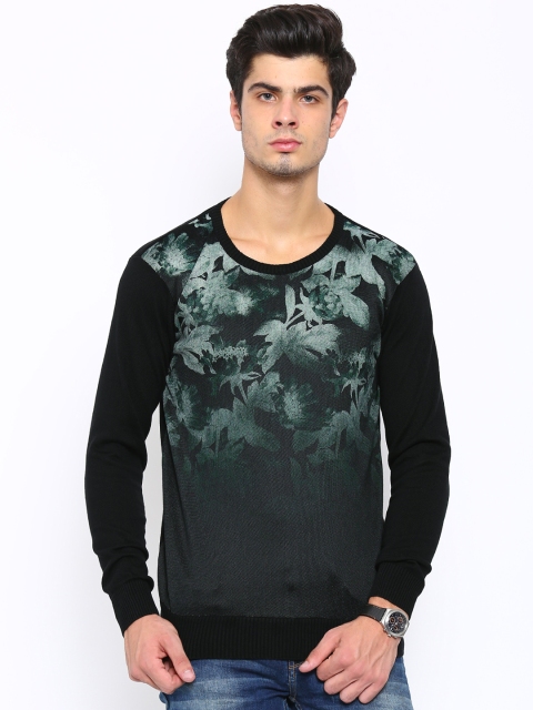 Men Black Floral Print Sweater
