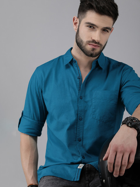 Roadster Men Teal Blue Solid Casual Cotton Shirt
