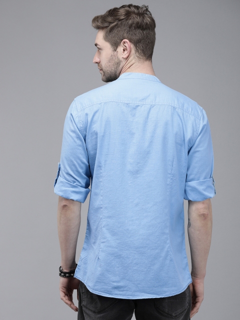 Roadster Men Blue Mandarin Collar Roll-Up Sleeves Sustainable Casual Shirt - Image 5