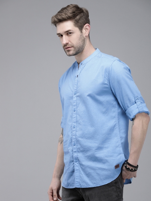 Roadster Men Blue Mandarin Collar Roll-Up Sleeves Sustainable Casual Shirt - Image 4