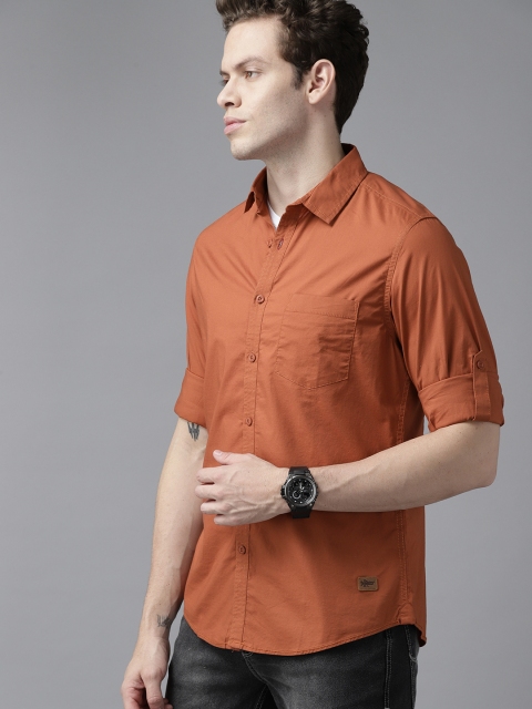Roadster Men Rust Orange Solid Roll-Up Sleeves Regular Fit Casual Shirt - Image 4