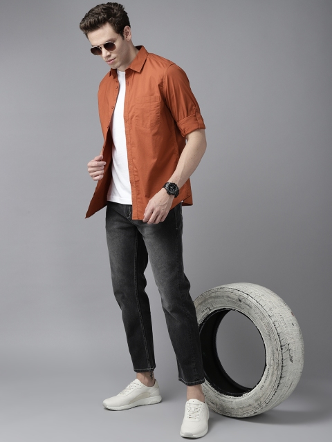 Roadster Men Rust Orange Solid Roll-Up Sleeves Regular Fit Casual Shirt - Image 6