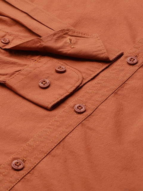 Roadster Men Rust Orange Solid Roll-Up Sleeves Regular Fit Casual Shirt - Image 3