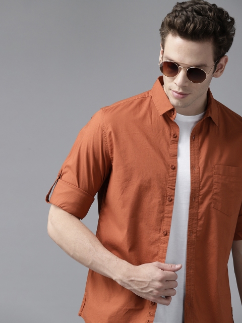 Roadster Men Rust Orange Solid Roll-Up Sleeves Regular Fit Casual Shirt