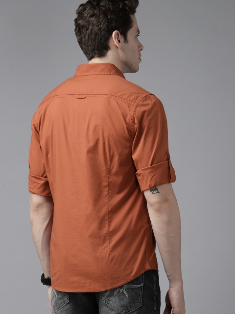 Roadster Men Rust Orange Solid Roll-Up Sleeves Regular Fit Casual Shirt - Image 5