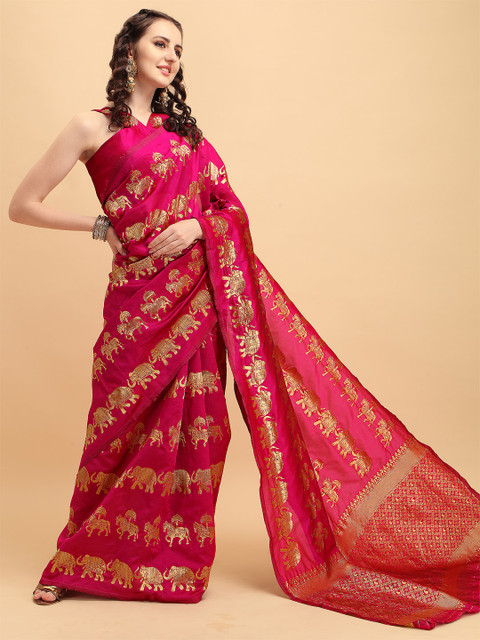 Sangria Pink & Golden Ethnic Motifs Zari Silk Blend Heavy Work Banarasi Saree