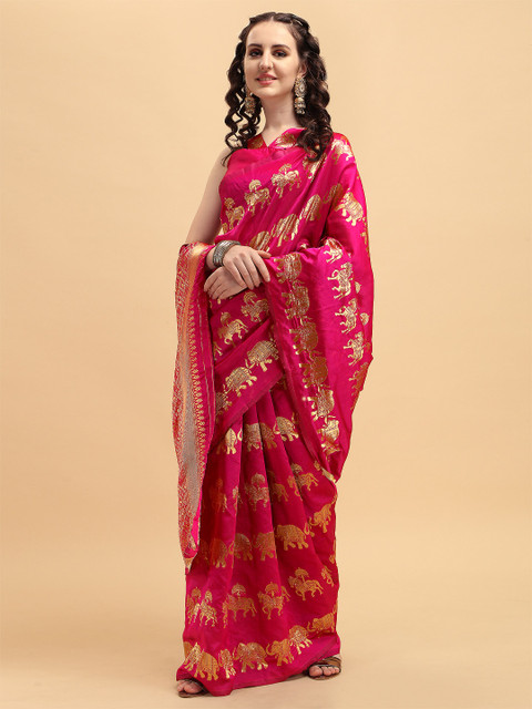 Sangria Pink & Golden Ethnic Motifs Zari Silk Blend Heavy Work Banarasi Saree - Image 2