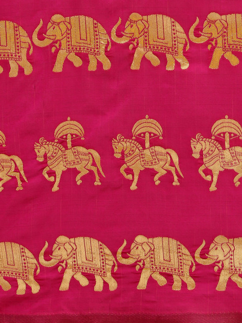 Sangria Pink & Golden Ethnic Motifs Zari Silk Blend Heavy Work Banarasi Saree - Image 7