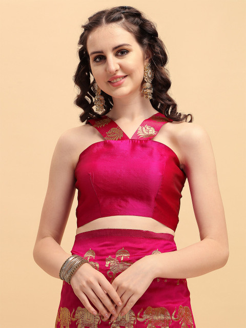 Sangria Pink & Golden Ethnic Motifs Zari Silk Blend Heavy Work Banarasi Saree - Image 5