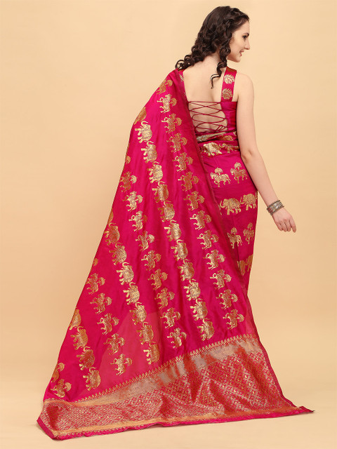 Sangria Pink & Golden Ethnic Motifs Zari Silk Blend Heavy Work Banarasi Saree - Image 4