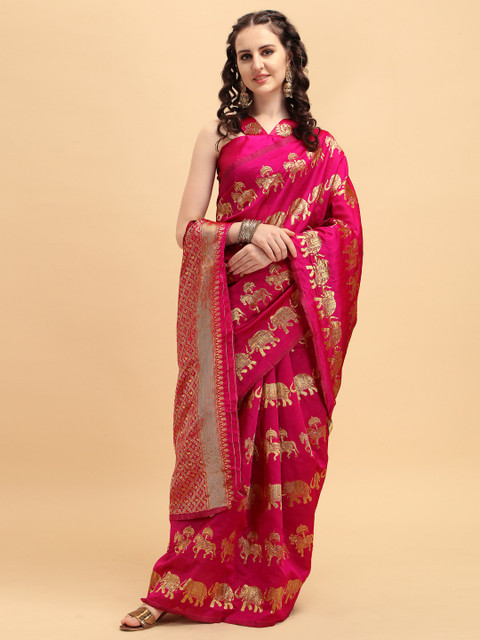 Sangria Pink & Golden Ethnic Motifs Zari Silk Blend Heavy Work Banarasi Saree - Image 3