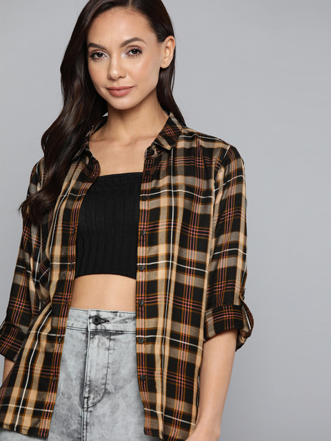 Harvard Women Beige & Black Checked Casual Shirt