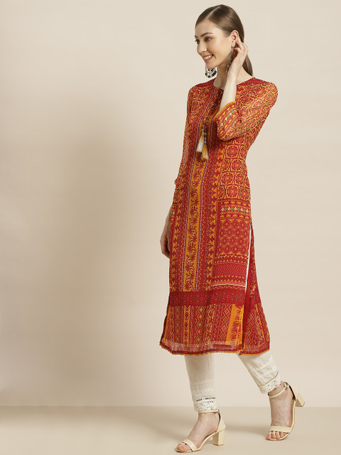 Juniper Women Red & Mustard Yellow Ethnic Motifs Printed Kurta - Image 3