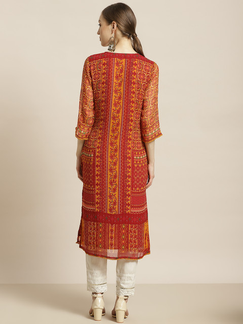 Juniper Women Red & Mustard Yellow Ethnic Motifs Printed Kurta - Image 4