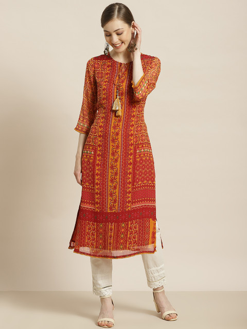 Juniper Women Red & Mustard Yellow Ethnic Motifs Printed Kurta