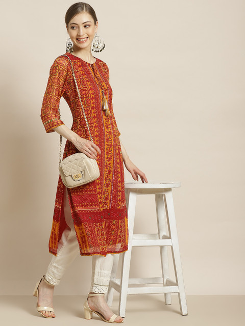 Juniper Women Red & Mustard Yellow Ethnic Motifs Printed Kurta - Image 5