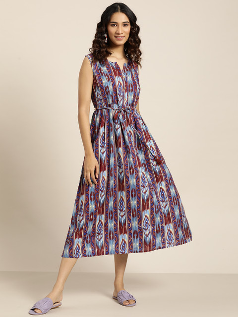 Sangria Blue & Maroon Striped Gathered A-Line Dress