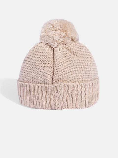 WROGN Unisex Beige Self Design Pom-Pom Beanie - Image 2