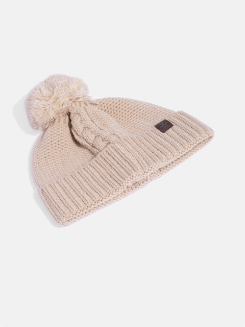 WROGN Unisex Beige Self Design Pom-Pom Beanie - Image 3