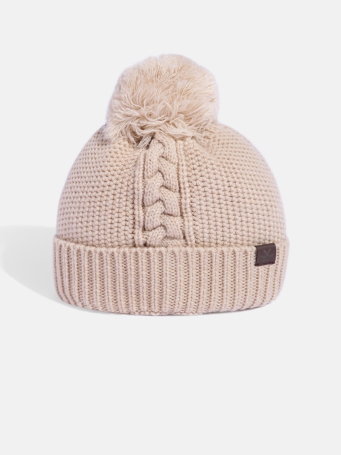 WROGN Unisex Beige Self Design Pom-Pom Beanie