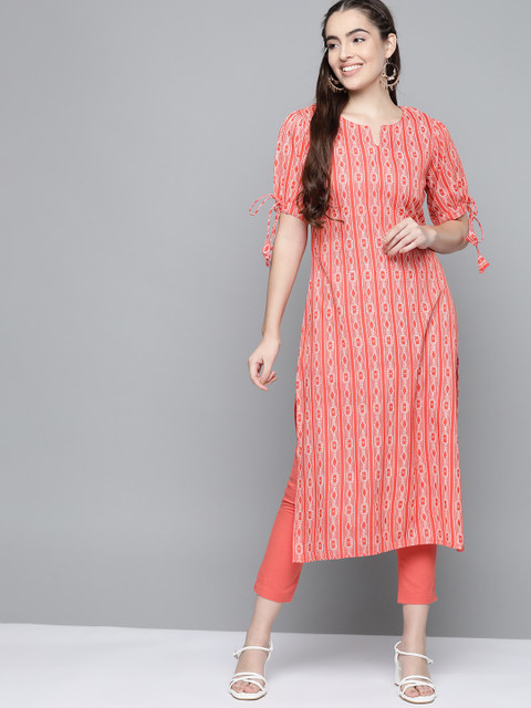 HERE&NOW Women Coral Orange & Off White Geometric Printed Straight Kurta - Image 3