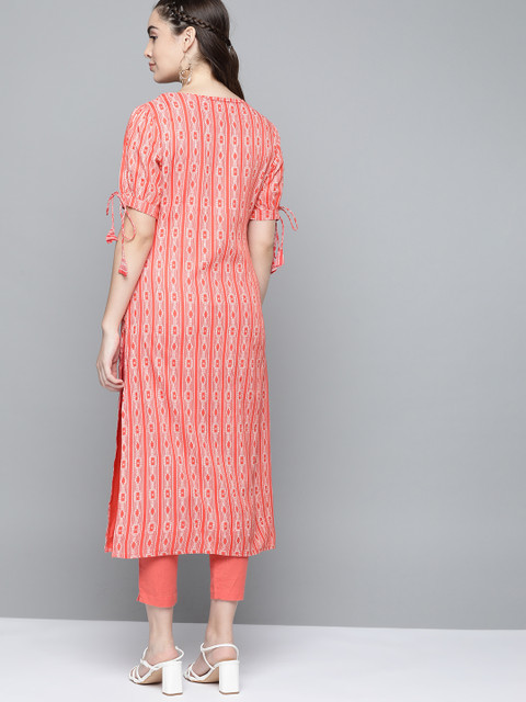 HERE&NOW Women Coral Orange & Off White Geometric Printed Straight Kurta - Image 5