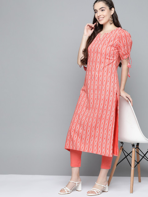 HERE&NOW Women Coral Orange & Off White Geometric Printed Straight Kurta - Image 6