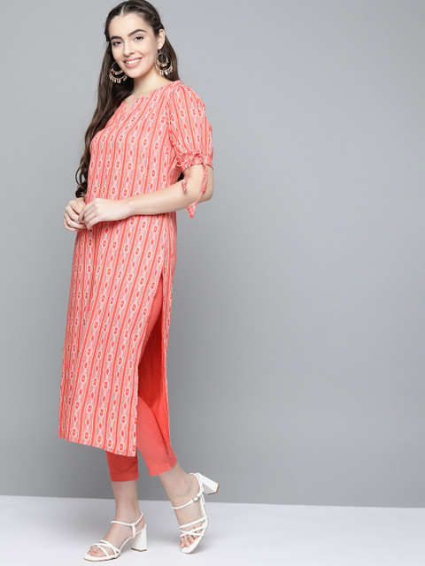 HERE&NOW Women Coral Orange & Off White Geometric Printed Straight Kurta - Image 4