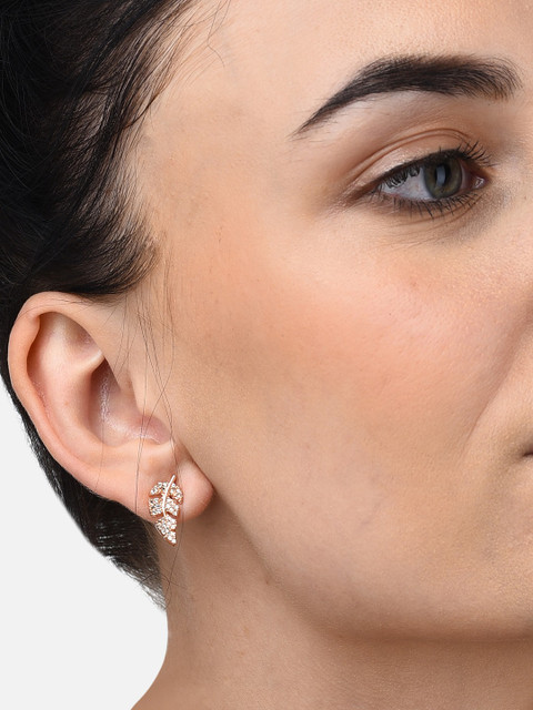 AMI Rose Gold Cubic Zirconia Leaf Shaped Studs Earrings