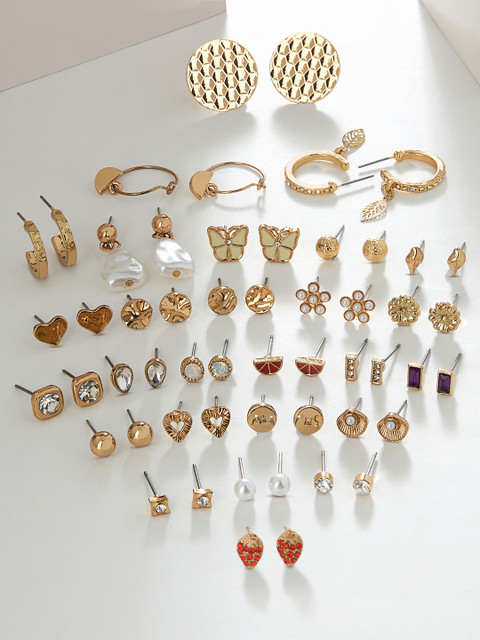 AMI Set of 27 Gold-Toned Contemporary Gold-Plated Studs Drop & Semi-Hoops Earrings