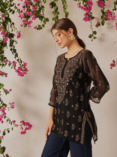 ADA Black Sustainable Chikankari Embroidered Pure Georgette Sheer Kurti with Inner - Image 3