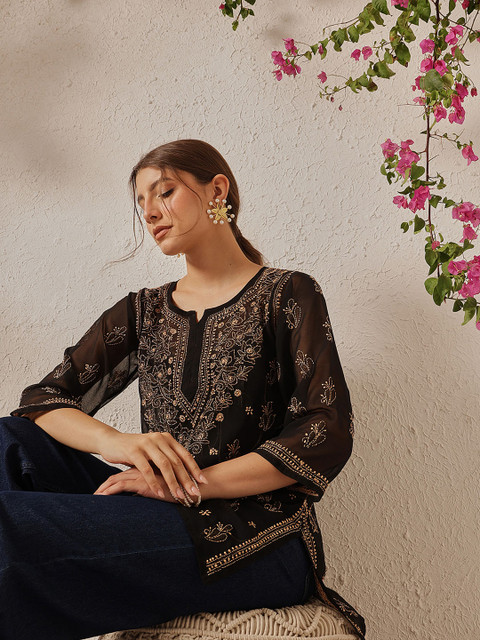 ADA Black Sustainable Chikankari Embroidered Pure Georgette Sheer Kurti with Inner - Image 6