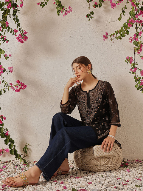 ADA Black Sustainable Chikankari Embroidered Pure Georgette Sheer Kurti with Inner - Image 5