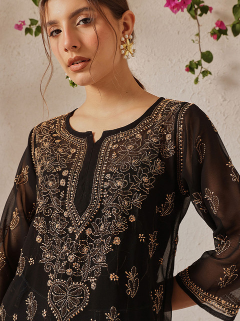 ADA Black Sustainable Chikankari Embroidered Pure Georgette Sheer Kurti with Inner - Image 2