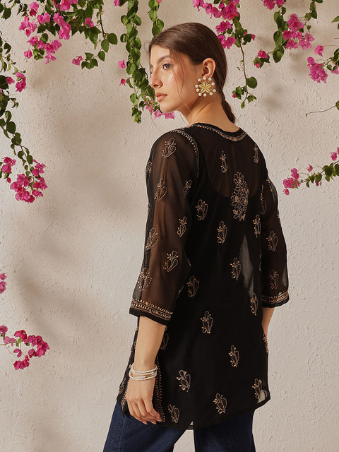 ADA Black Sustainable Chikankari Embroidered Pure Georgette Sheer Kurti with Inner - Image 4