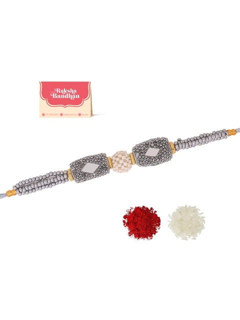 Voylla Unisex Silver Beaded and Pearls Rakhi with Roli Chaawal Pack - Image 2