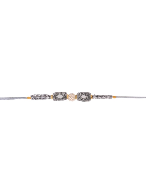 Voylla Unisex Silver Beaded and Pearls Rakhi with Roli Chaawal Pack - Image 3