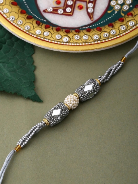Voylla Unisex Silver Beaded and Pearls Rakhi with Roli Chaawal Pack