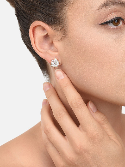 Zaveri Pearls Rose Gold Plated Set of 3 Contemporary Studs Earrings - Image 4