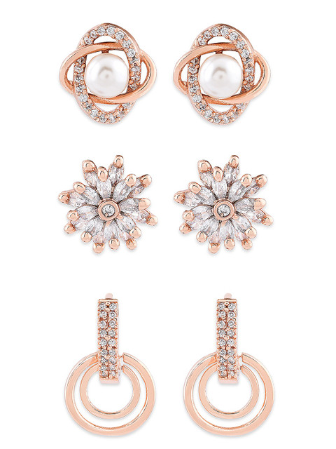 Zaveri Pearls Rose Gold Plated Set of 3 Contemporary Studs Earrings - Image 5